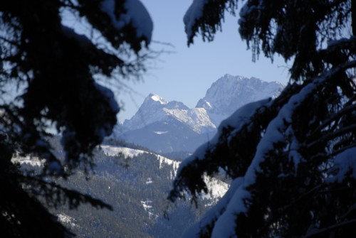 Blick auf das Wettersteingebirge auf dem Weg zu Sankt Martin am Grasberg in Garmisch-Partenkirchen