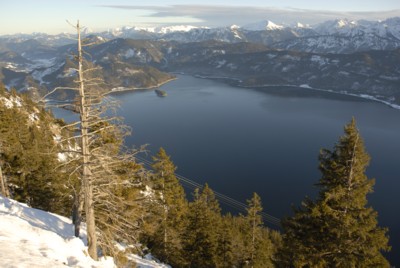 Blick auf den Walchensee auf dem Weg vom Gasthaus Herzogstand zur Bergstation der Seilbahn