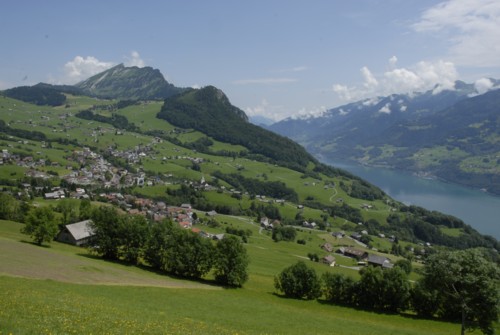 Blick auf Amden mit Walensee und Leiskamm (2101m)